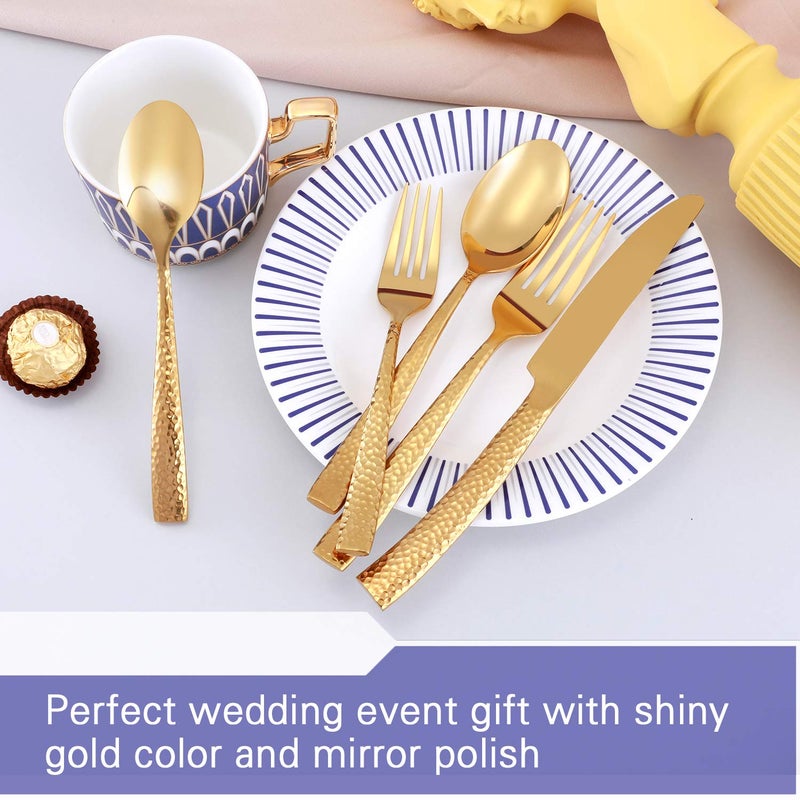 Kelenfer Silverware Set Flatware Set Gold Hammered Handle Cutlery Set Stainless Steel Shiny Mirror Polished Brass 20 Pieces Dishwasher Safe Service for 4 - Image 5